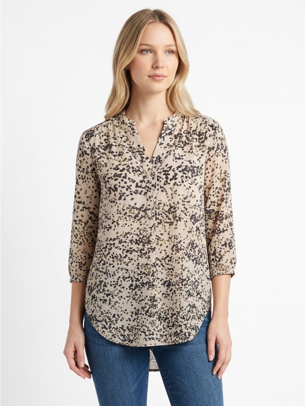 Amour Vert Beige and Black Speckle V-Neck Blouse